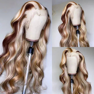 BODY WAVE BROWN WITH BLONDE HIGHLIGHT HUMAN HAIR WIG #P4/613 - ALL BUNDLED UP HAIR SUPPLY
